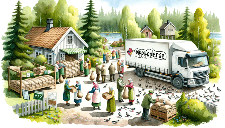 Artistic watercolor representation of a handelstradgard in a rural setting emphasizing green and sustainable practices. People dressed in typical Sw