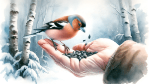 DALL·E 2023 10 10 13.38.12 Artistic watercolor representation of a bofink chaffinch being hand fed by a human hand in a serene winter setting. Only the human hand is visible