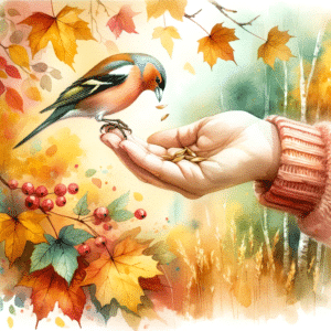 DALL·E 2023 10 10 13.39.00 Artistic watercolor illustration of a serene autumn scene where a human hand is seen hand feeding a chaffinch bofink. The background showcases the v