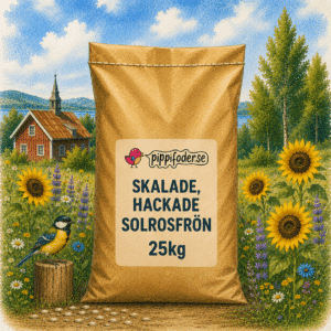 Fågelmat för vildfåglar 30 Skalade, hackade solrosfrön 25 kg från Pippifoder med frön framför säcken.