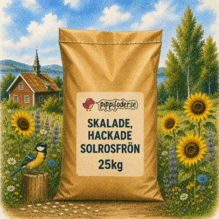 Skalade, hackade solrosfrön 25 kg från Pippifoder med frön framför säcken.