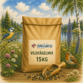 Vildfågelmix 15 kg — brun säck fågelfrö från Pippifoder med två småfåglar och fröskopa i naturmiljö.