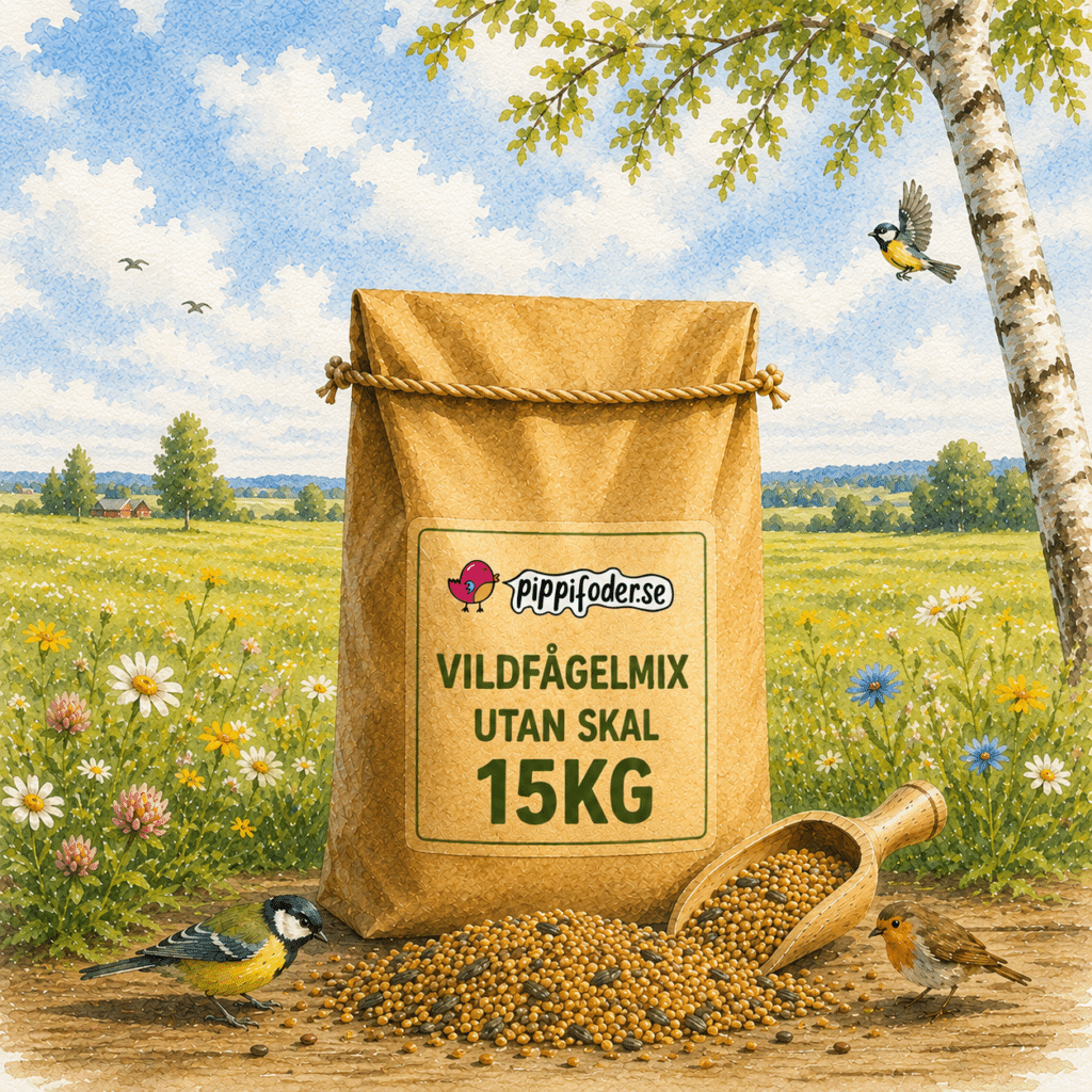 Vildfågelmix utan skal 15 kg — brun säck fågelfrö från Pippifoder med fröskopa och småfåglar i naturmiljö