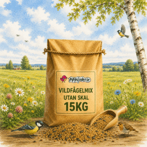 Fågelmat för vildfåglar 6 Vildfågelmix utan skal 15 kg — brun säck fågelfrö från Pippifoder med fröskopa och småfåglar i naturmiljö
