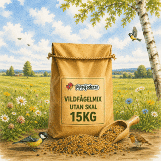 Vildfågelmix utan skal 15 kg — brun säck fågelfrö från Pippifoder med fröskopa och småfåglar i naturmiljö