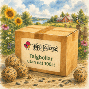 Talgollar utan nät 100 st från Pippifoder med flera talgbollar placerade framför förpackningen.