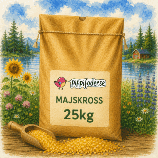 Majskross 25 kg från pippifoder med majs och skopa i en sjönära miljö