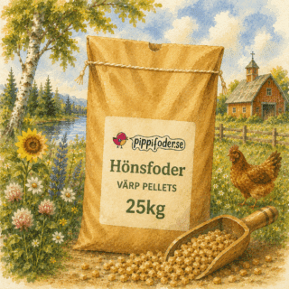 Hönsfoder värp pellets 25 kg från pippifoder i lantlig miljö.