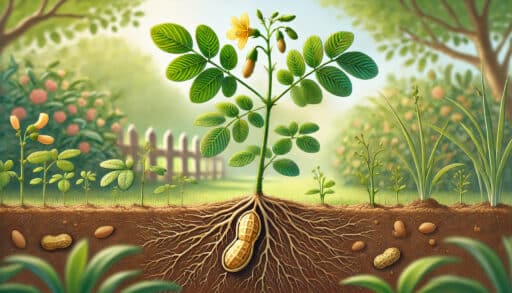 Hvordan vokser peanøtter? Et illustrasjonsbilde av en plantet peanøtt og en peanøttplante med grønne blader og gule blomster.