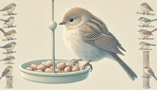 Fugler og peanøtter. Et illustrert bilde av en fugl som spiser peanøtter.