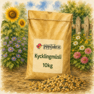 Kycklingmüsli 10 kg från pippifoder i färgstark trädgårdsmiljö