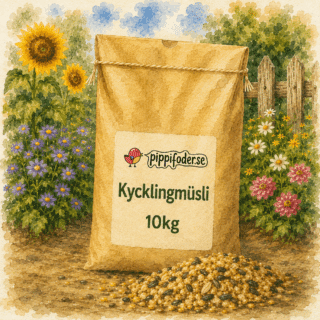 Kycklingmüsli 10 kg från pippifoder i färgstark trädgårdsmiljö