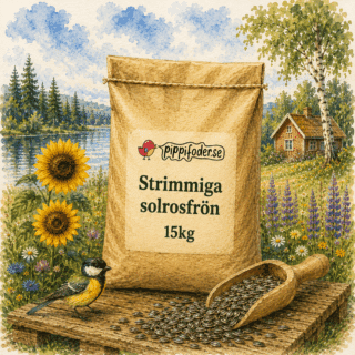 Strimmiga solrosfrön 15 kg från Pippifoder med solrosfrön bredvid säcken