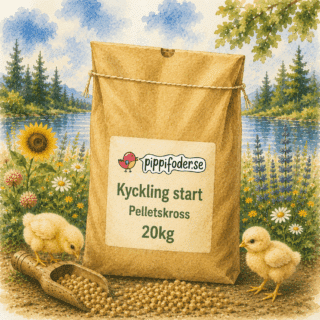 Kycklingstart pelletskross 20 kg från pippifoder i naturmiljö med kycklingar