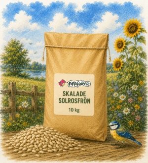Skalade solrosfrön 10 kg från Pippifoder med solrosfrön framför säcken