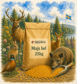 Majs hel 25 kg från pippifoder med majs och skopa framför