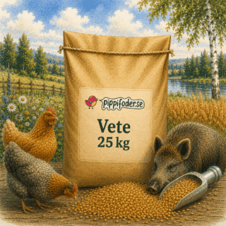 Säck med Vete 25 kg producerat i Sverige, spannmålsfoder för höns och vilt, med höns och vildsvin vid foderplats i lantlig miljö.
