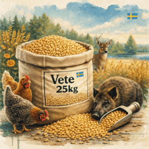 Säck med Vete 25 kg producerat i Sverige, spannmålsfoder för höns och vilt, med höns och vildsvin vid foderplats i lantlig miljö.