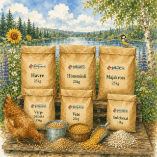 Flera produkter från Pippifoder: Havre 25 kg, Hönsmüsli 25 kg, Majskross 25 kg, Värppellets 25 kg, Vete 25 kg och Snäckskal 15 kg uppställda utomhus.