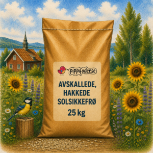 Lag din egen fuglemat: enkle oppskrifter som sparer penger 8 Skalede, hakkede solsikkefrø, 25 kg fra Pippifoder, med frøene synlige foran på sekken.