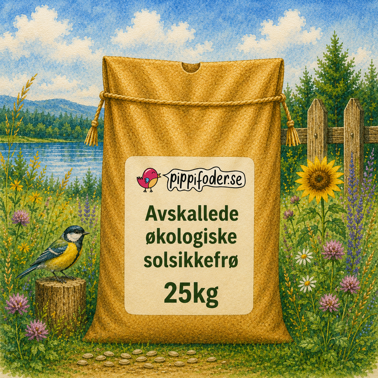 Avskallede økologiske solsikkefrø 25 kg 1 Skalede økologiske solsikkefrø, 25 kg, fra Pippifoder, med solsikkefrø i forgrunnen