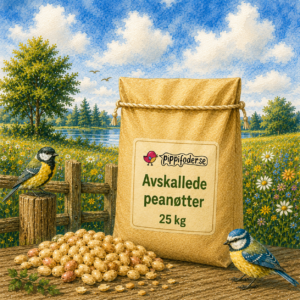 Skalede peanøtter til fugler, 25 kg fra Pippifoder, med peanøtter foran sekken