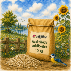 Fuglemat til ville fugler 19 Skalede solsikkefrø, 10 kg fra Pippifoder, med solsikkefrø foran sekken