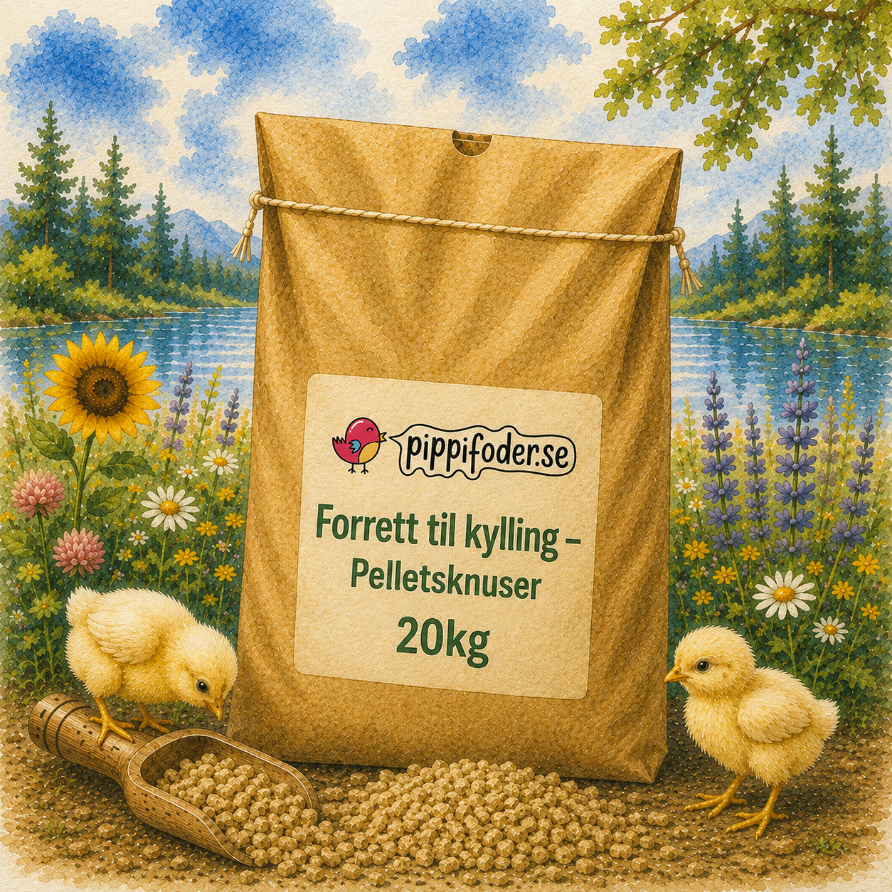 Forrett til kylling - Pelletsknuser 1 Pelletsknuser «Kycklingstart» 20 kg fra Pippifoder i naturmiljø med kyllinger