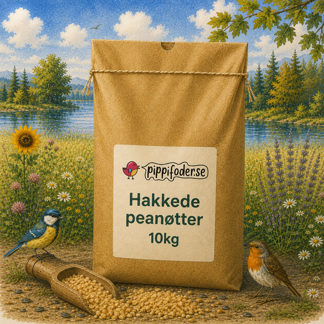 Hakkede peanøtter til fugler 10 kg 1 Hackade jordnötter till fåglar 10 kg från pippifoder i naturmiljö.