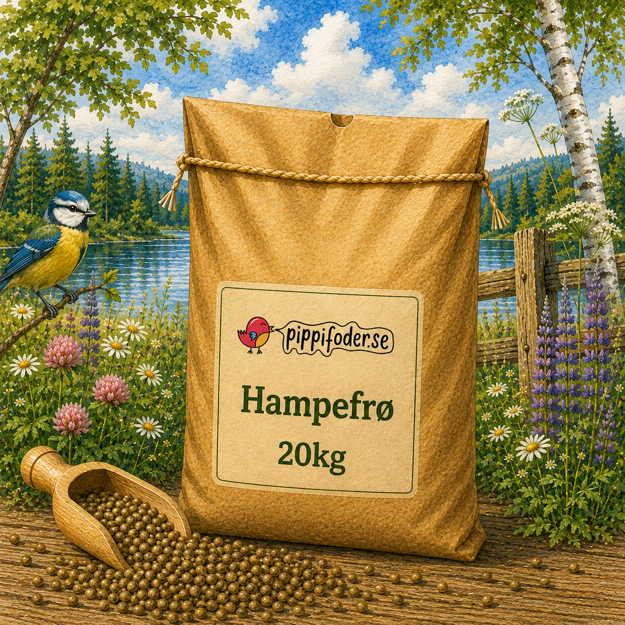 Hampefrø 20 kg 1 Hampafrön 20 kg från pippifoder på ett bord