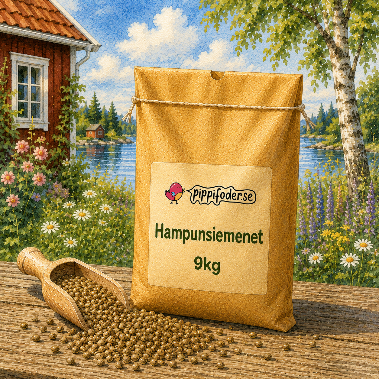 Hampunsiemenet 9kg 1 Hampafrön 9 kg från pippifoder på ett bord