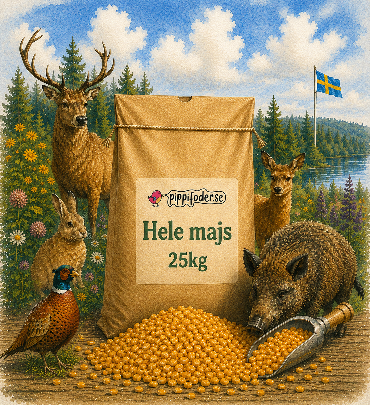 Hele majs 25 kg 1 Hele majs 25 kg fra Pippifoder med majs og skovl foran