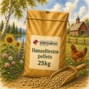 Hønsefôr – eggleggingspellets, 25 kg, fra Pippifoder i landlige omgivelser.