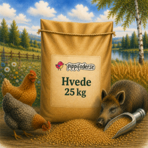Sæk hvede 25 kg produceret i Sverige, kornfoder til høns og vildt, med høns og vildsvin på foderpladsen i et landligt miljø.