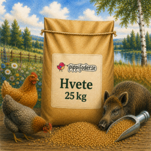 Hvetesekk 25 kg produsert i Sverige, kornfôr til høner og vilt, med høner og villsvin på fôringsplassen i et landlig miljø.