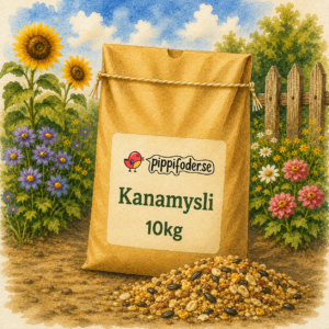 Pippifoderin 10 kg:n kanamüsli värikkäässä puutarhaympäristössä