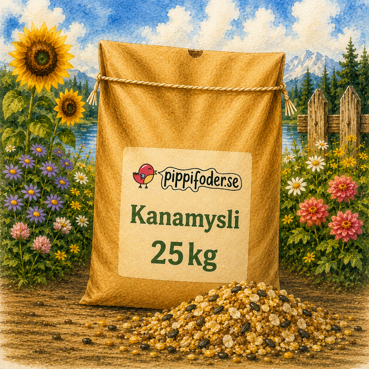 Kanamysli 25 kg 1 Pippifoderin 25 kg:n kana-müsli puutarhaympäristössä