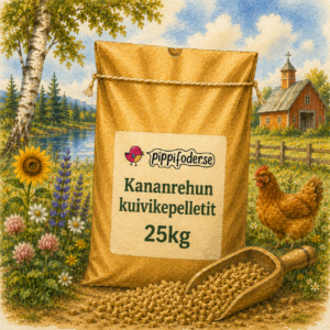 Pippifoderin 25 kg:n munintapelletit maaseudulla.