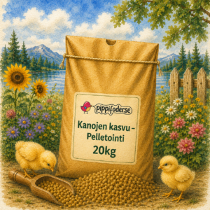 Pippifoderin 20 kg:n kasvatuspellettimurska luonnonympäristössä, jossa on kanoja