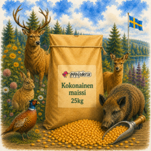 25 kg:n kokonainen maissipussi Pippifoderilta, jossa on maissia ja kauha edessä
