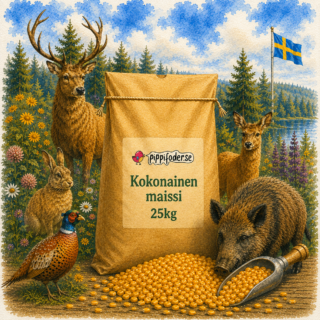 25 kg:n kokonainen maissipussi Pippifoderilta, jossa on maissia ja kauha edessä