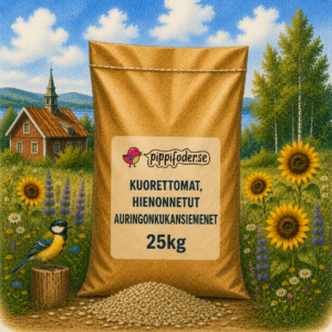 Kuoritut, hienonnetut auringonkukansiemenet, 25 kg, Pippifoderilta; siemenet näkyvät säkin edessä.