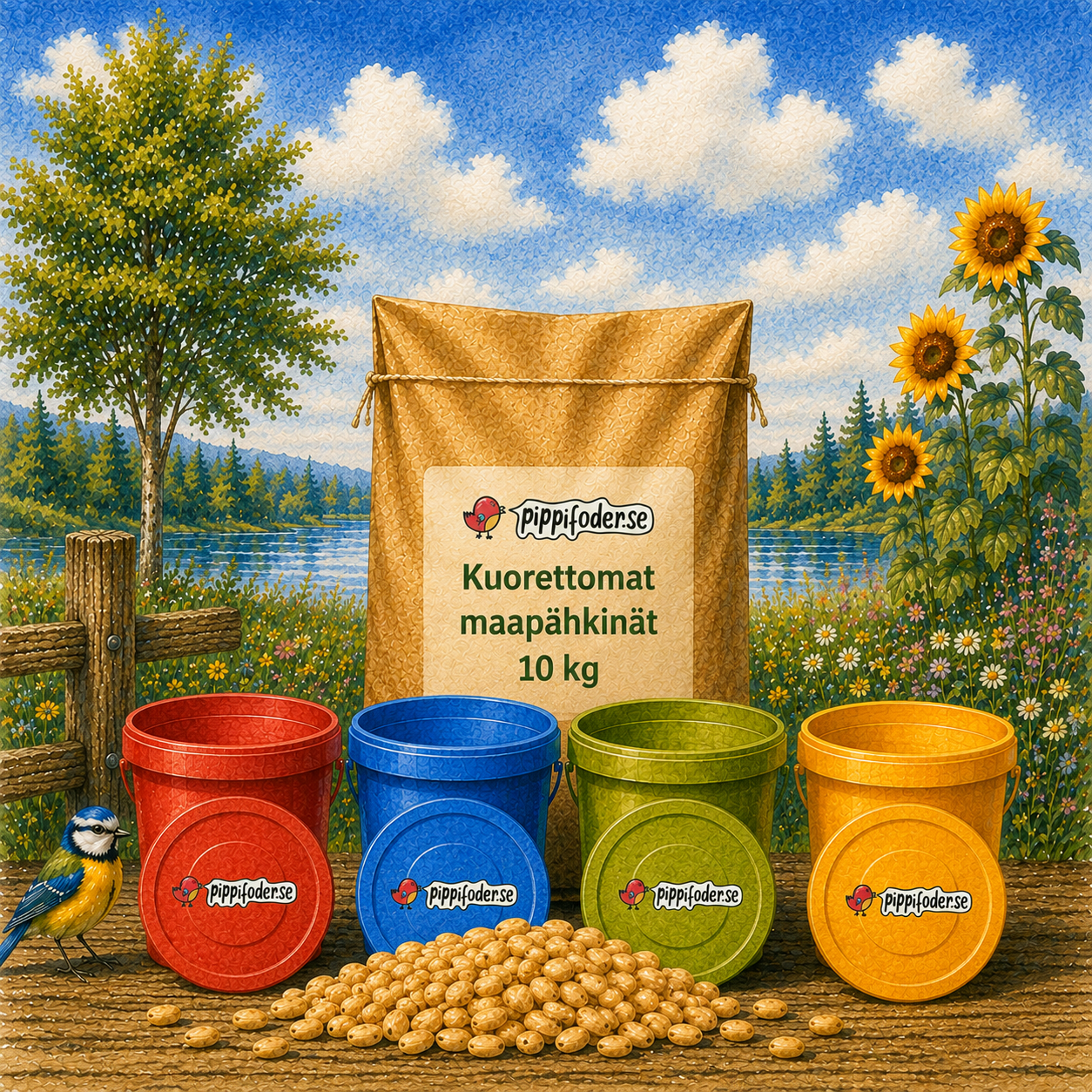 Kuorettomat maapähkinät 10 kg + rehutynnyri 1 Kuorittuja maapähkinöitä 10 kg rehutynnyreissä