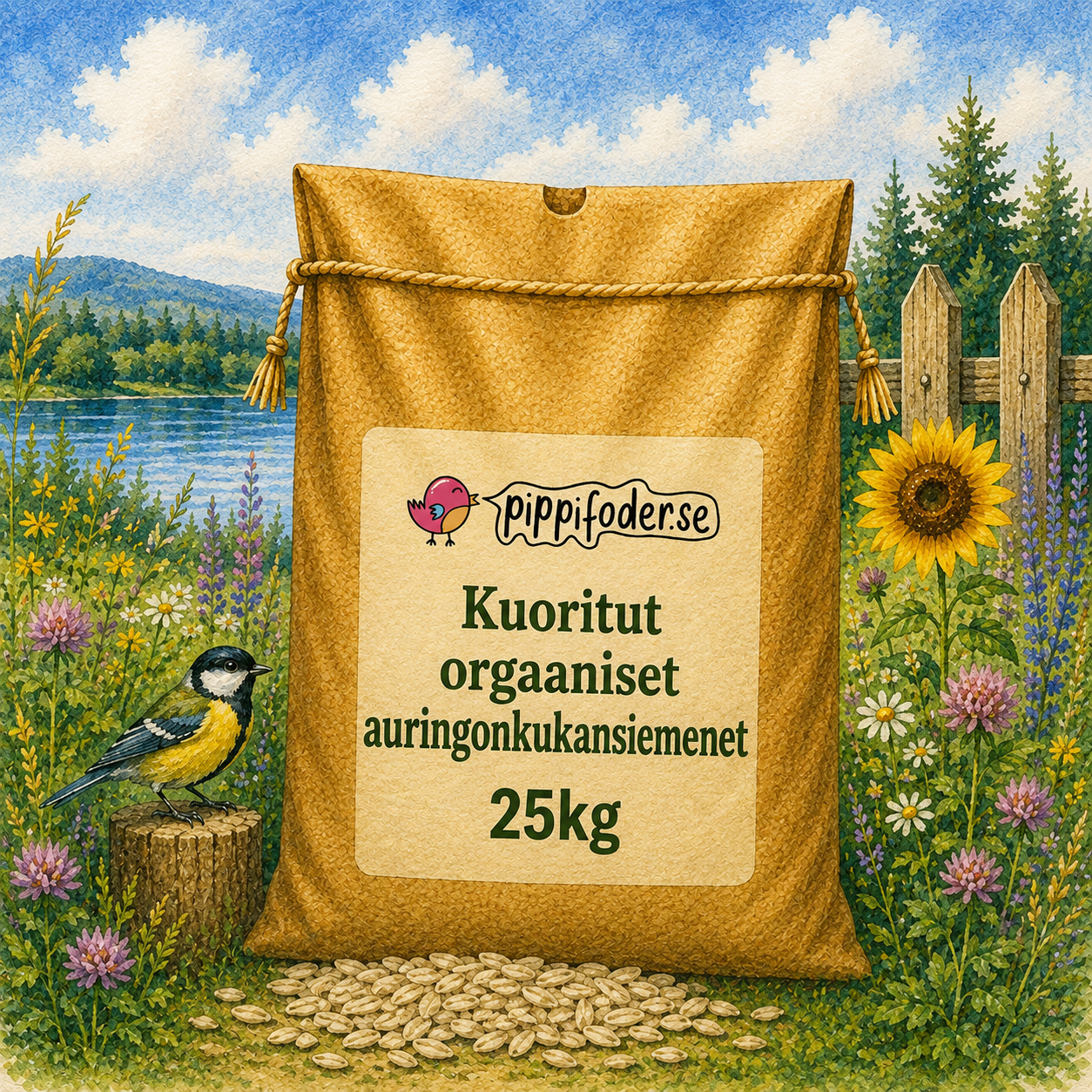 Kuoritut orgaaniset auringonkukansiemenet 25kg 1 Kuoritut luomuauringonkukansiemenet, 25 kg, Pippifoder-tuotemerkiltä; etualalla auringonkukansiemeniä