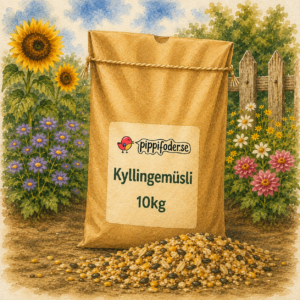 Kyllingemüsli 10 kg fra Pippifoder i et farverigt havemiljø