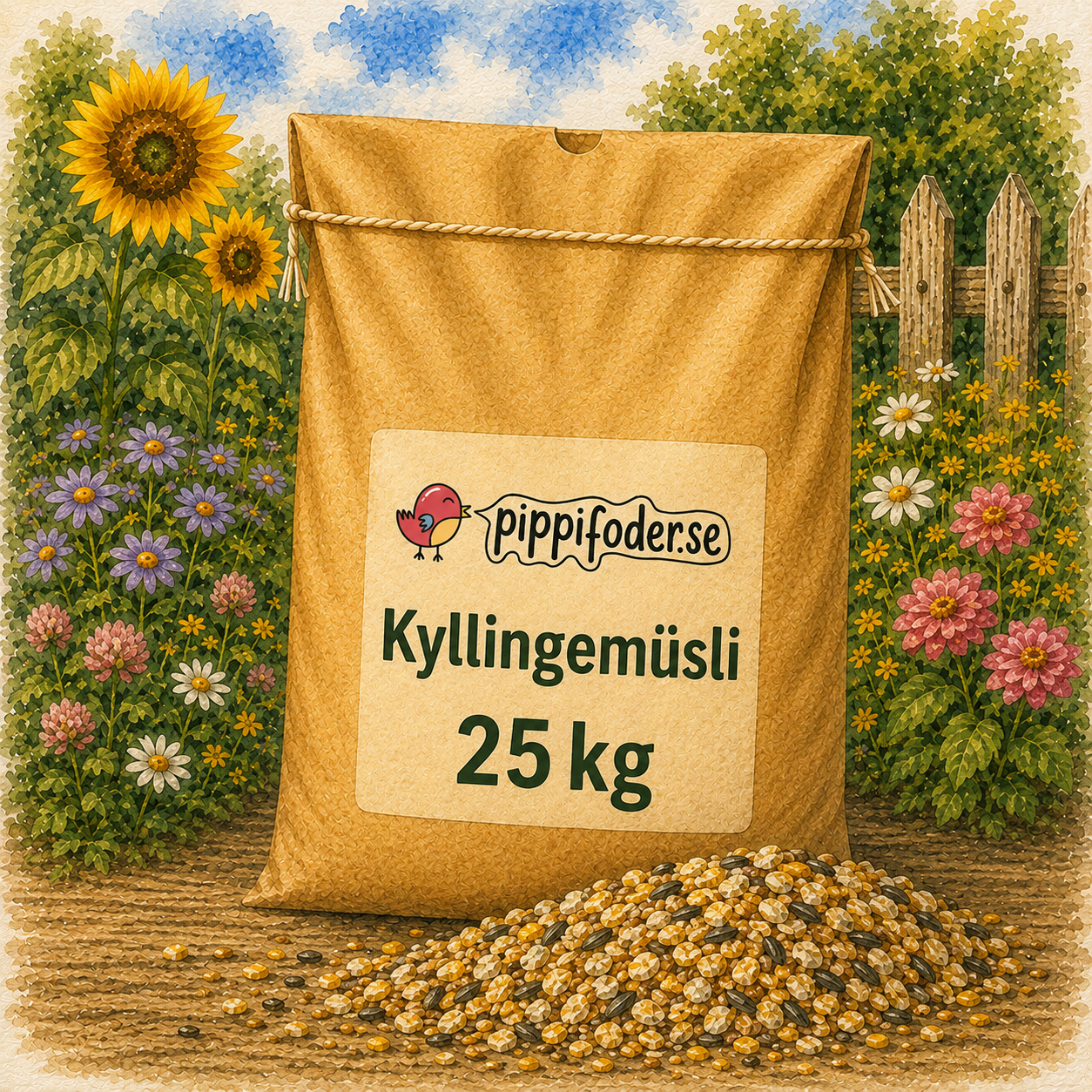 Kyllingemüsli 25 kg 1 Hønnemüsli 25 kg fra Pippifoder i haveomgivelser