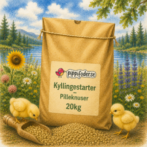 Pelletsknuser til kyllinger, 20 kg fra Pippifoder i naturlige omgivelser med kyllinger