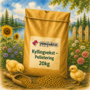 Kyllingvekstpellets 20 kg fra Pippifoder i naturlige omgivelser med kyllinger