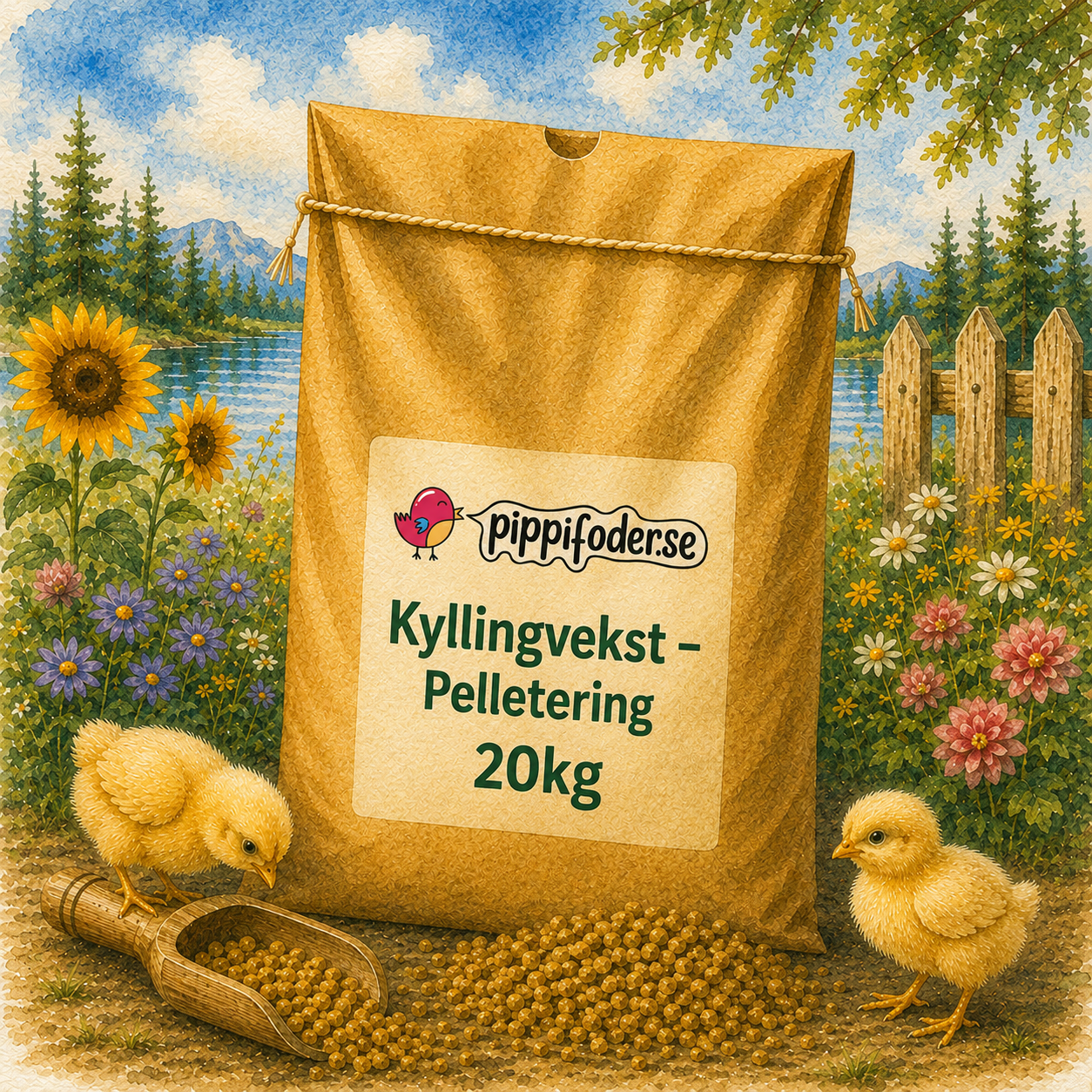 Kyllingvekst - Pelletering 1 Kyllingvekstpellets 20 kg fra Pippifoder i naturlige omgivelser med kyllinger