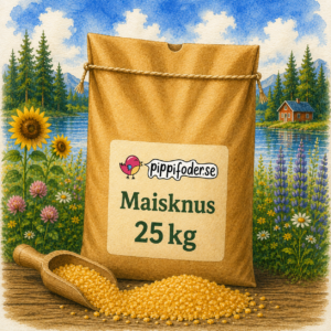 Maisflis 25 kg fra Pippifoder med mais og skuffe i et miljø ved sjøen